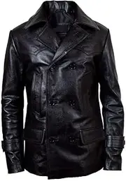 [Clara Leather Jackets] New German Classic WW2 Men's Military Officer Uniform Leather Double Breasted Jacket Coat (AU, Alpha, X-Large, Regular, Regular, Black)