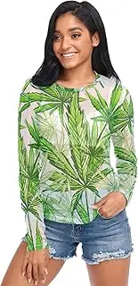 [RPLIFE] Green Leaves White Womens Mesh Sleeve Top, Sheer Top Long Sleeve S-XXL