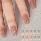 on Nails DIY Fine Glitter French False Nails Short Square Nude Pearlescent
