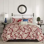 Madison Park Lucy 100% Cotton Quilt Set Floral Print, Double Sided Stitching, All Season, Lightweight Coverlet Bedspread Bedding Layer, Matching Shams, Full/Queen, Red 6 Piece