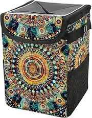 Car Trash Can with Lid and Storage Pockets Leak-Proof Organizer,Multipurpose Trash Bin for Car,Boho Mandalas Floral Vintage