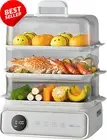 21.5L Electric Food Steamer, 3-Layer, 1200W, Smart Timer, Blue