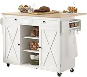 Kitchen Island Freestanding Kitchen Island On Wheels Rolling Kitchen Island Cart with Drop Leaf Countertop, Barn Door Kitchen Island Table with Storage Mobile Kitchen Storage Islands(White)