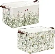 2Pcs Vintage Wildflower Rectangle Storage Basket 15 x 10.2 x 9.4 Inch Green Floral Foldable Open Toy Organizer Bag with Handle Large Laundry Dirty Cloth Storage Bin for Bedroom Shelves Closet