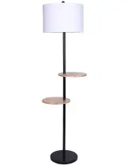 [Sarantino] Metal Floor Lamp Stand With Black Post In Round Shade Wooden Shelves White