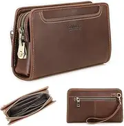 [CONTACTS] Leather Code Lock Clutch Bag for Men Large Capacity Clutch Wallet with Handle Anti Theft Travel Checkbook Purse, Dark Brown