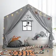 Kids Play Tent with Mat, Large Play Tent Indoor with Star Lights and Windows, Playhouse for Boys and Girls Aged 3+, Kid Tent with Mat Washable (Grey)