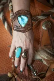 Leather Cuff Bracelet Labradorite Gemstone Eagle Feather Hand Tooled Western