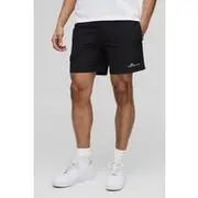 Mens Black Elasticated Waist Relaxed Short Length Crinkle Nylon Embroidery Shorts
