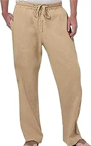 [Generic] Mens Straight-Legs Linen Pants Casual Drawstring Lightweight Pant Comfy Loose Fit Linen Beach Long Pants Trouser for Men