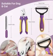 3pc Pet Grooming Tool Kit Double Sided Rake Brush Comb Nail Clipper File X Wide
