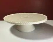 Handmade Cake Plate Round White Beaded Edge Ceramic Pedestal Dessert Server