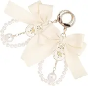 [PACKOVE] 2pcs Pearl Bow Keychain Tassel Bow-knot Keychain Cute Bow Tassel Bag Charm Pendant Keychain Pearl Bracelets Keyring Car Key Holder, Beige