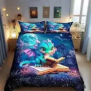 Cartoon Dragon Duvet Cover Set Twin Size Magic Jungle Night Bedding Set 2pcs for Kids Teens Room Decor Cute Dragon Books Comforter Cover Starry Moon Sky Quilt Cover,1 Pillowcase(No Comforter)