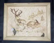 Handmade Birch Bark Wood Burning (Pyrography) - The reindeer with Santa Claus