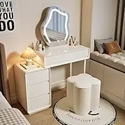 Small Makeup Desk, Smart LED Lights, Makeup Table, Makeup Table, 3 Lighting Modes, Dressing Table with Mirror and Drawers for Bedroom (Clouds, Four L