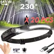 20 Pcs Rechargeable Headlamp Wide Beam LED Motion Sensor Headlight Waterproof