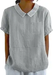 [Generic] Women's Linen Short Sleeve Blouse Tops with Pocket Women's Linen Tops Breathable Casual Stylish Shirt