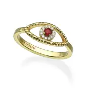 Evil Eye Ring 18K Yellow Gold w/ Diamonds & Ruby Jewish Charm Protection Jewelry