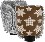 Cartoon Checkered Plaid Star Brown Car Wash Mit Non Scratch Hand Mitt Car Wash Glove Car Cleaning Wash