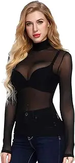 [Kyerivs] Women's Mesh Tops Long Sleeve See Through Sheer Blouse Black Sexy Clubwear Shirts