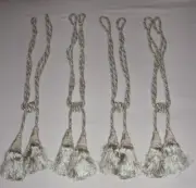 Cream & Light Green Fringed Double 6" Tassel Tiebacks Set of 4, On Wooded Forms