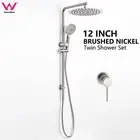 Brushed Nickel Round Twin 12'' Rain Handheld Shower Head Sliding Rail Mixer Set