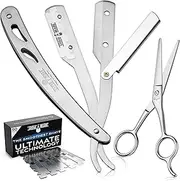 Straight Razor, Complete Straight Razors for Men Kit with 50 Single Blade Razors for Men and Scissors, Barber Supplies, Straight Edge Razor, Professional Barber Razor Blade (Silver)