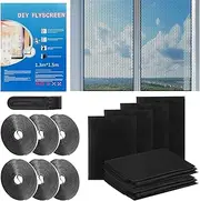 Pack of 6 Fly Screen for Windows, 130 x 150 cm, Self-Adhesive Mosquito Net with Velcro Tape, Insect Protection for Windows, Black, No Drilling, for Windows, Protect The Family from Insects