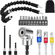 Flexible Drill Bit Extension Set 19pcs Tools, Hex Shank 105° Right Angle Drill Bit Attachment, Bendable, 3pcs 1/4 3/8 1/2" Universal Impact Driver Socket Adapter, Drill Bit Holder, Screwdriver Bit Kit