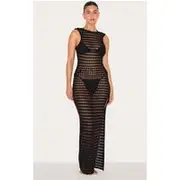 Black Backless Crochet Maxi Beach Dress, Black