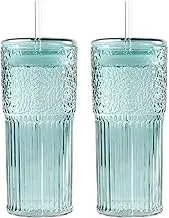 GOSCHE Glass Cups with Straws and Lids 20oz, High Borosilicate Glass Drinking Jar Water Cups, Glass Coffee Tumbler 2 Pcs for Tea Water Milkshake, Green