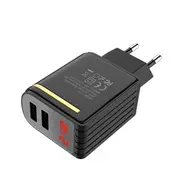 C39A 2.4A Dual Ports Digital Current Voltage Display Fast USB Charger For Phone Tablet BLACK COLOR