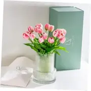 Tulips with Vase Ribbed Glass Vase with 20 Realistic Artificial Flowers Pink