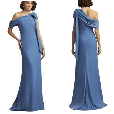 Tadashi Shodji Cassia Bow-Shoulder Crepe Gown In Cadet Blue NEW
