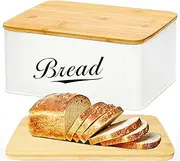 RoyalHouse Modern Metal Bread Box with Bamboo Cutting Board Lid, Bread Storage Container for Kitchen Counter, Vintage Kitchen Decor Organizer