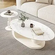 EKDJSN White Nesting Table Set, Crescent Shape Coffee Table Set of 2, with Storage Drawers, Two Styles Available, Floor-Standing Stacking Tables, for Living Room, Bedroom, Studio(WhiteB,47in+20in)