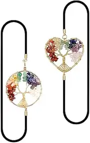[YIRUZWRD] 2 Pcs Tree of Life Chakra Pendant Bookmark Metal Bookmark 7 Colors Elastic Heart & Round Shape