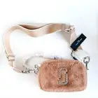 Marc Jacobs Plush Fluffy Taupe Pink Studded Snapshot Crossbody Bag