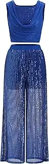 [IBAKOM] Lyrical Dance Dress Women Cowl Neck Shiny Sequins Crop Top Long Sheer Built-in Short Pant Contemporary Dance Outfits