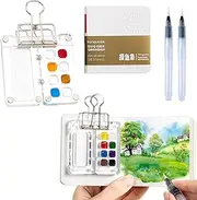 Wbgraceful Acrylic Mini Paint Palette Set, 8 Grids Pocket Watercolor Palette Portable Sketchbook Palette Mini Travel Paint Palette with Watercolor Notebook Painting Pens Clip for Watercolor Painting