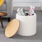 Round Pouf Footstool Beige Storage Ottoman With Wooden Lid Tufted Boucle Fabric