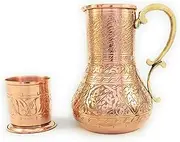 YDB You Deserve Better YDB Copper Solid Copper,Handmade,Engraved 45oz Copper Pitcher and 7.7oz Cup Set with Lid,Water Jug,Ice Tea,Fruit Juice,Desktop/Bedside Night Water Carafe (Engraved), YDB-KBS-I