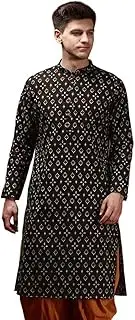 KISAH Men's Kurta, Black Cotton Blend, Printed Regular Fit Mandarin Collar Long Sleeves