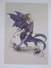 Purple IMAGINE FAIRY Standing on a Banner POSTCARD Faery ART PRINT BY AMY BROWN