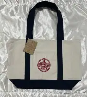 NEW TRADER JOE’S REUSABLE CANVAS TOTE NAVY BLUE WIDE BAG SHOP/BEACH/SWIM/BOOKS