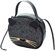 [Generic] Cat Face Crossbody Bag, Black Glitter, Gold Whiskers Detail, Round Shape