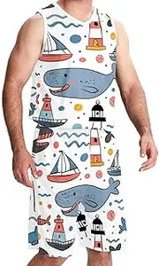 [KQNZT] Basketball Jerseys Shorts Sport Set, Jersey Shorts Outfit Set, Mens Basketball Jerseys, Cartoon Sea Animal Whale Ship Lighthouse