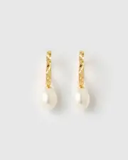 New Izoa Lenore Huggie Earrings Gold Pearl (The Zebra Effect Boutique)
