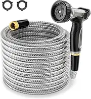 1/2" 304 Stainless Steel Garden Hose, 50FT Water Pipe with Heavy Duty Metal Nozzle for Yard, Outdoor, Lawn - Flexible, Never Kink & Tangle, Puncture Resistant